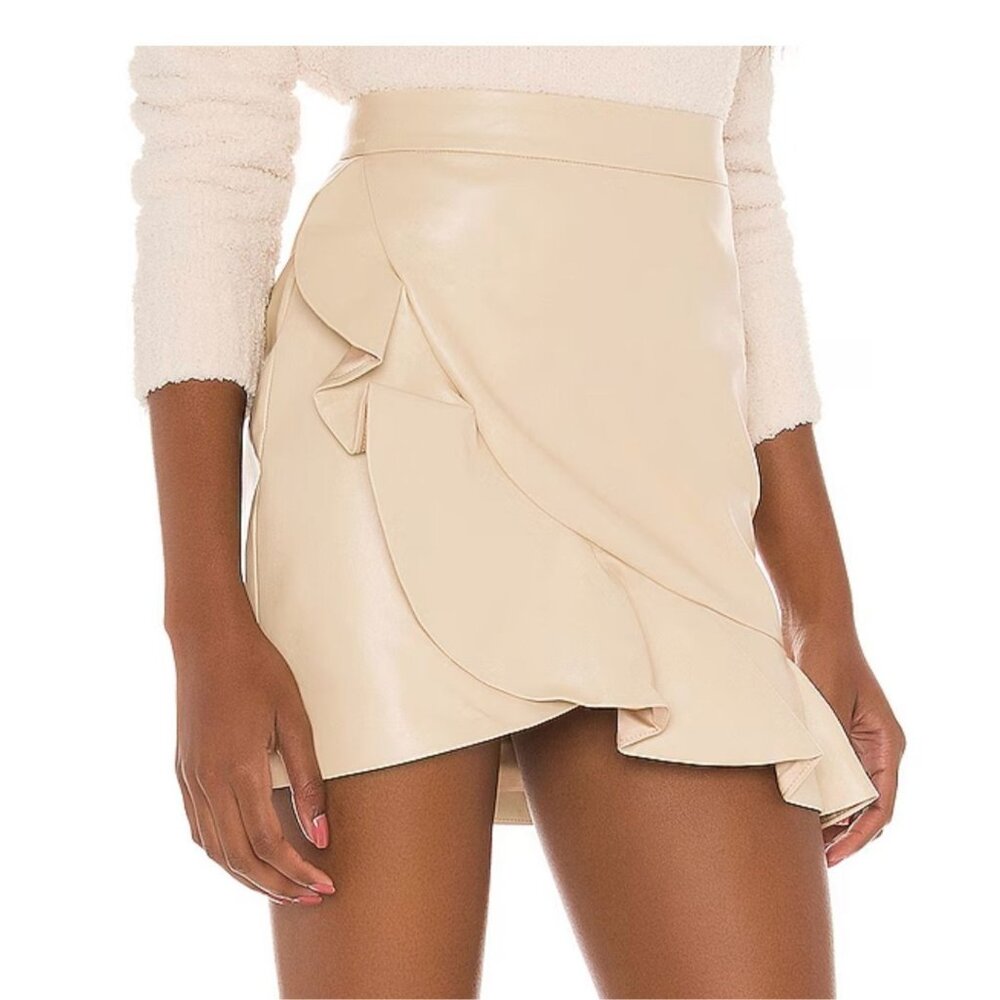 Majorelle Poseidon Vegan Faux Leather Ruffle Mini Skirt in Bone White M
